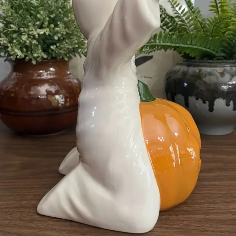 Vintage Spooky Halloween Ghost w/ Fall Pumpkin Jack O Lantern Ceramic Statue