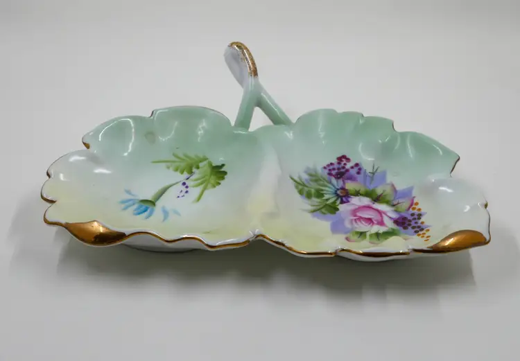 Lefton Floral Hand Painted Double Leaf Candy/Nut Dish
