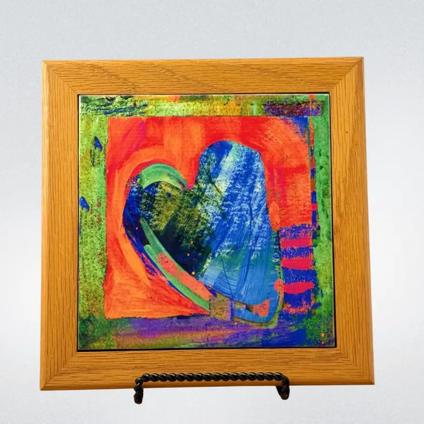 Tile Art Decor 7.75β Bright Colorful Heart Design Oak Signed By Artist 2001 READ