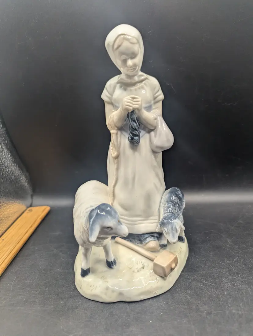 Vintage Andrea by Sadek Lady With Sheep Glazed Porcelain Figurine #7778 GB.