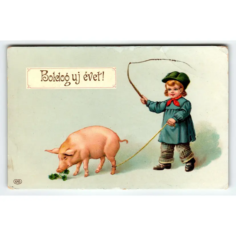 New Year Postcard Child With Whip Pig Eating Four Leaf Clovers Gel EAS Germany