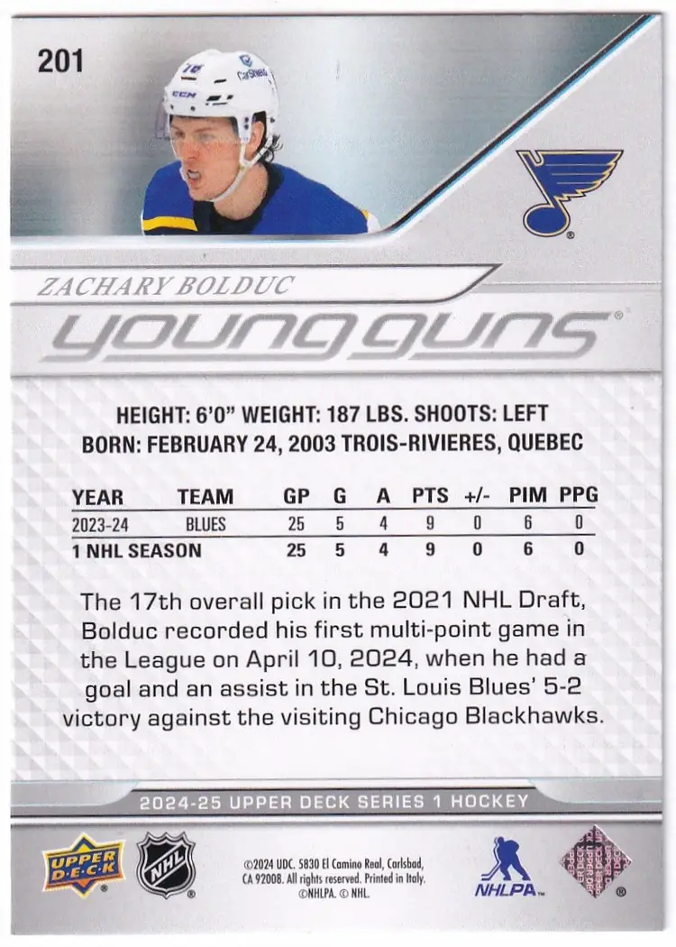 2024-25 Upper Deck #201 Zachary Bolduc YG RC St Louis Blues Hockey Card