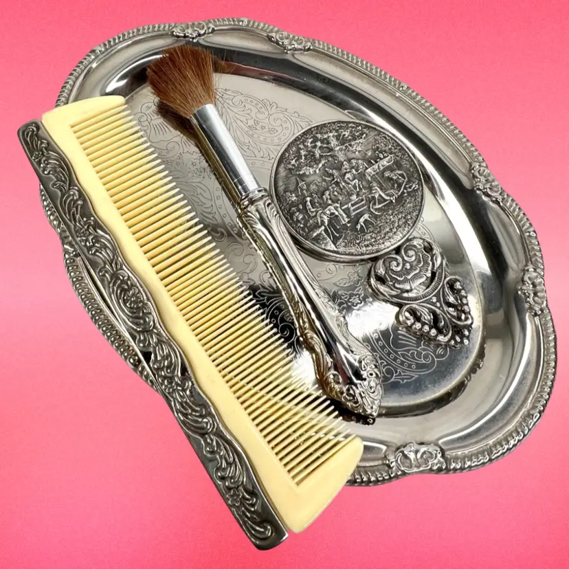 4-Piece Silver Vanity Set. Tray, Make-up Brush, Comb, and Beveled Repousse Mirror. Perfect Boudoir Gift for Yourself or That Special Someone ❤️