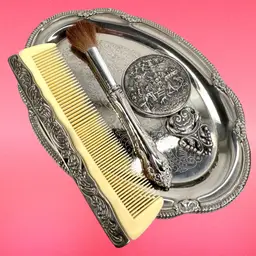 4-Piece Silver Vanity Set. Tray, Make-up Brush, Comb, and Beveled Repousse Mirror. Perfect Boudoir Gift for Yourself or That Special Someone ❤️