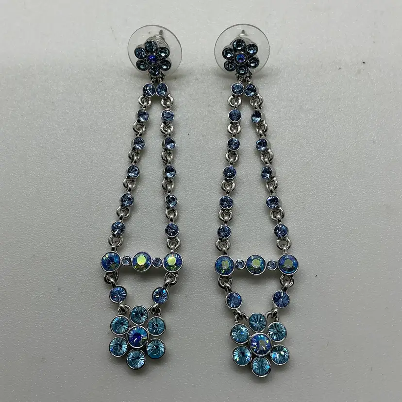 NWT Signed Givenchy Blue Crystal Chandelier Drop Earrings Silver Tone
