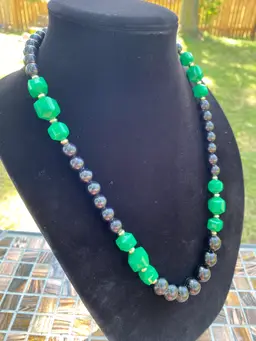 Vintage Round Black and Round Geometric Green Plastic Bead with Gold Tone Spacer Necklace 25"