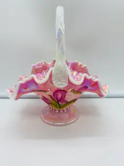 Fenton Glass Rosalene 9” Basket Pink Tulips Signed C. Cutshaw 95th Anniversary Stamped Bill Fenton