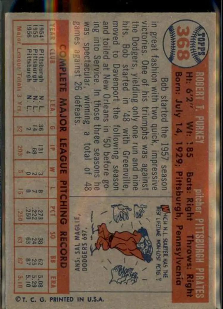 1957 Topps #368 Bob Purkey - ( pk1 ) - Pittsburgh Pirates