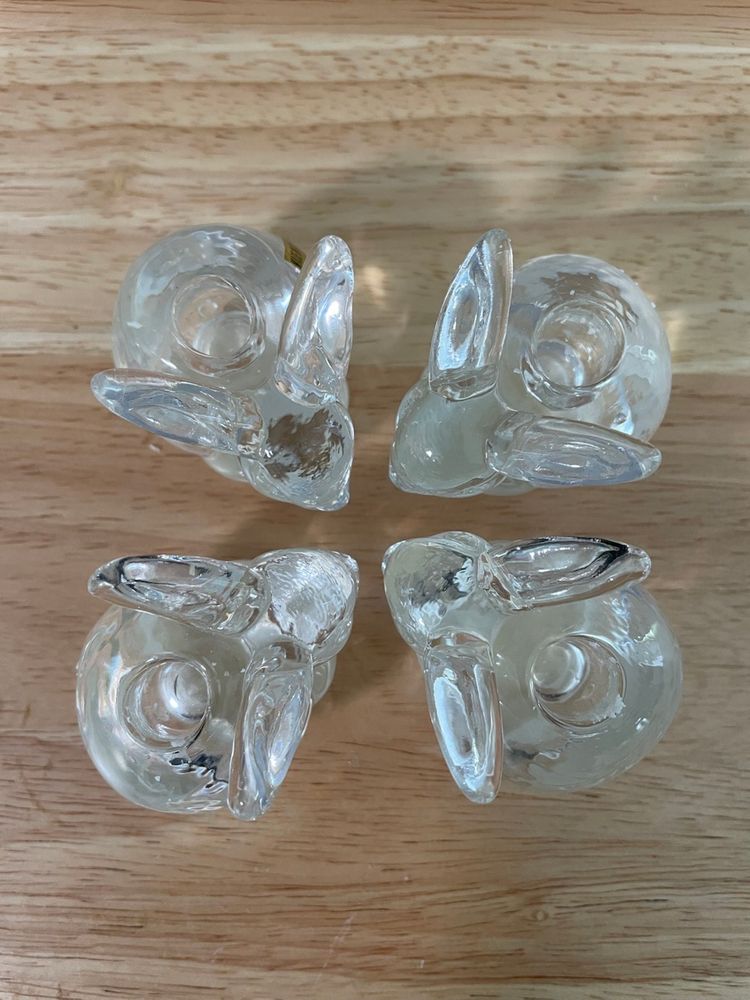 4 Vintage Rabbit Bunny Clear Glass Small Taper Candle Holder Easter