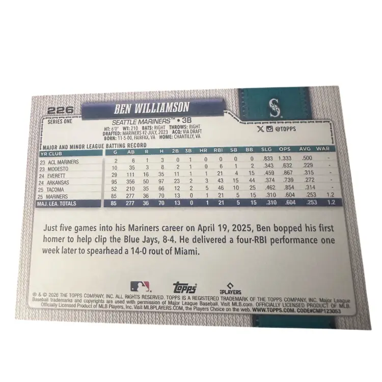 Ben Williamson 2026 Topps Series 1 Opening Day Foil