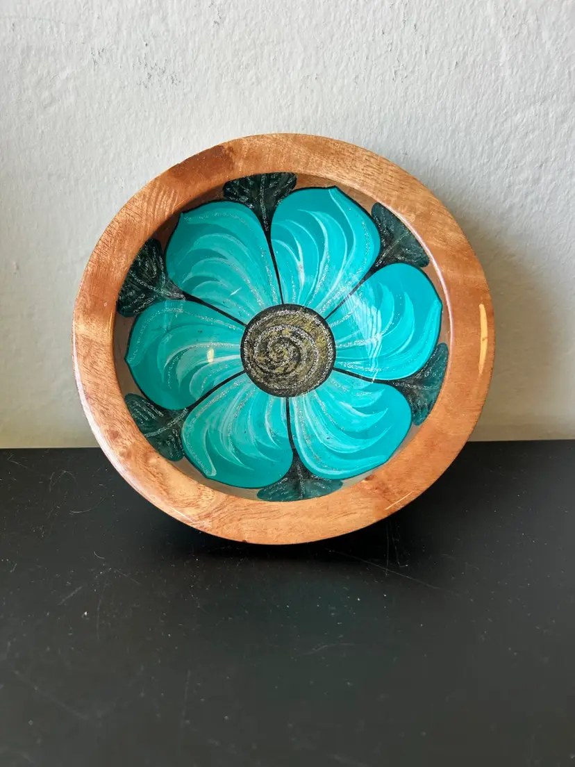 Vtg Artisan Hand Painted Wooden Bowl turquoise silver Mexico Folk Art