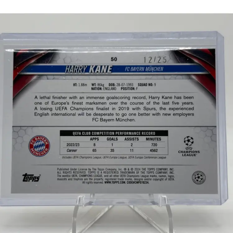 Harry Kane 2023-2024 Topps UEFA Champions League Orange Foil 12/25 FC Bayern Munchen