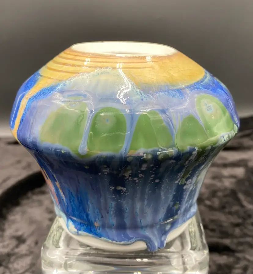 Vintage Phil Mayhew Studio Art Pottery Vase, Blue/Green Drip Glaze, Signed