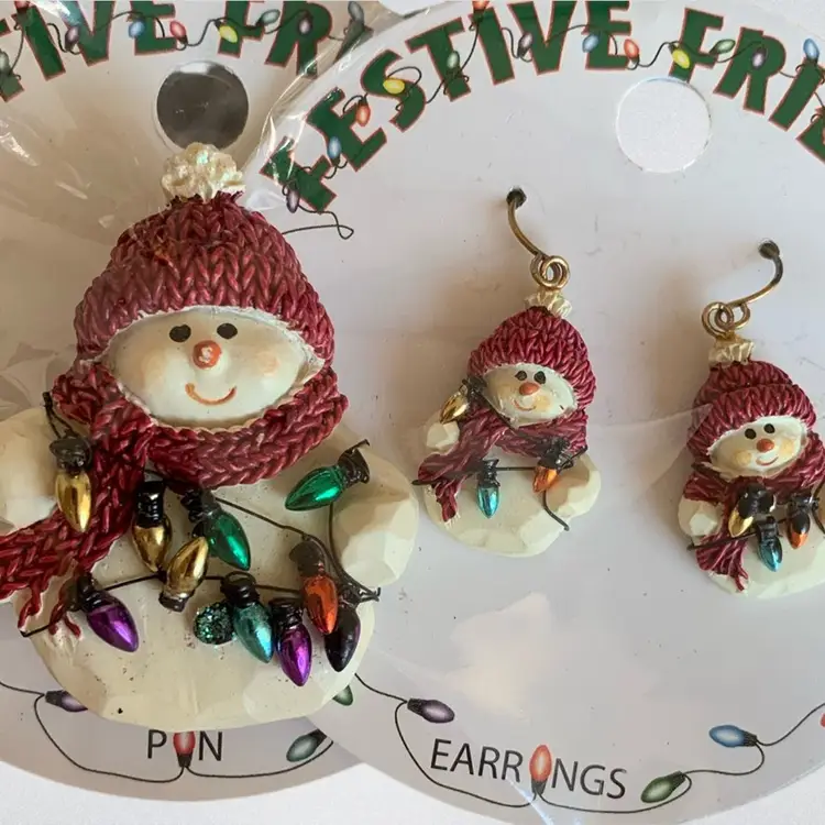 Red Hat And Scarf Snowman And Matching Pierced Earrings