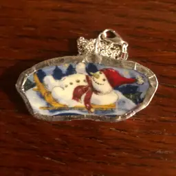 Oodelally Shop Broken Pottery Artisan Made Pendant Snowman Sledding Plate Handcrafted Necklace 1 in x 2 in