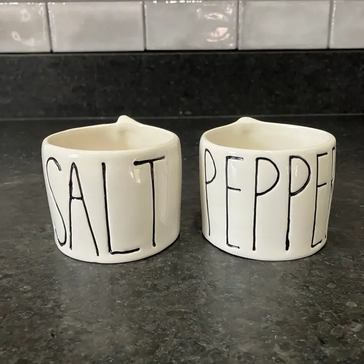 Rae Dunn Boutique RARE Salt Pepper Cellars Stitch Back Original Large Letter