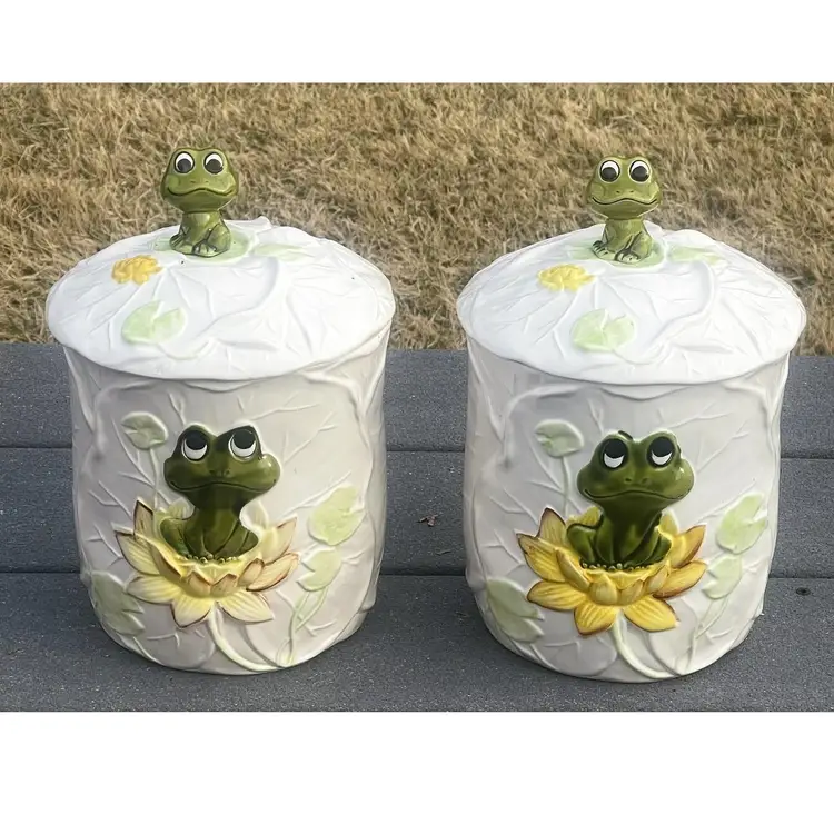 Pair of 1979 Sears & Roebuck Neil the Frog 10.5" Ceramic Canisters