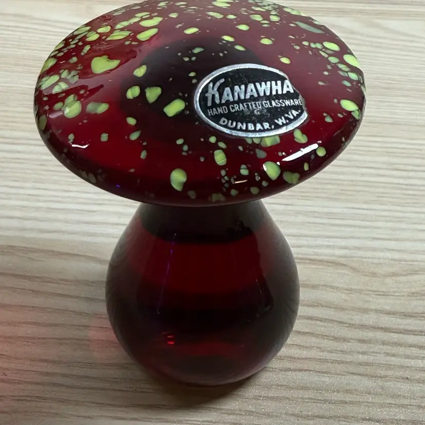19. Kanawha Red with Lime Splatter Art Glass Mushroom Paperweight
