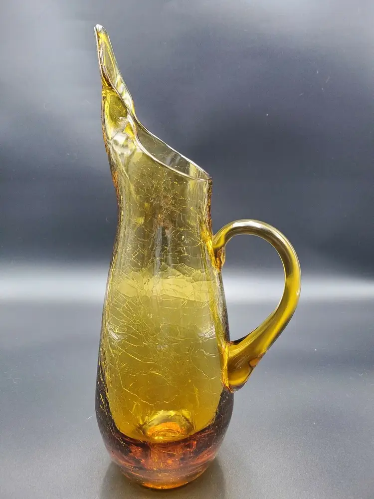 Vintage Bishoff Amber Hand Blown Crackle Glass 14" Pitcher w/ Pinched Spout