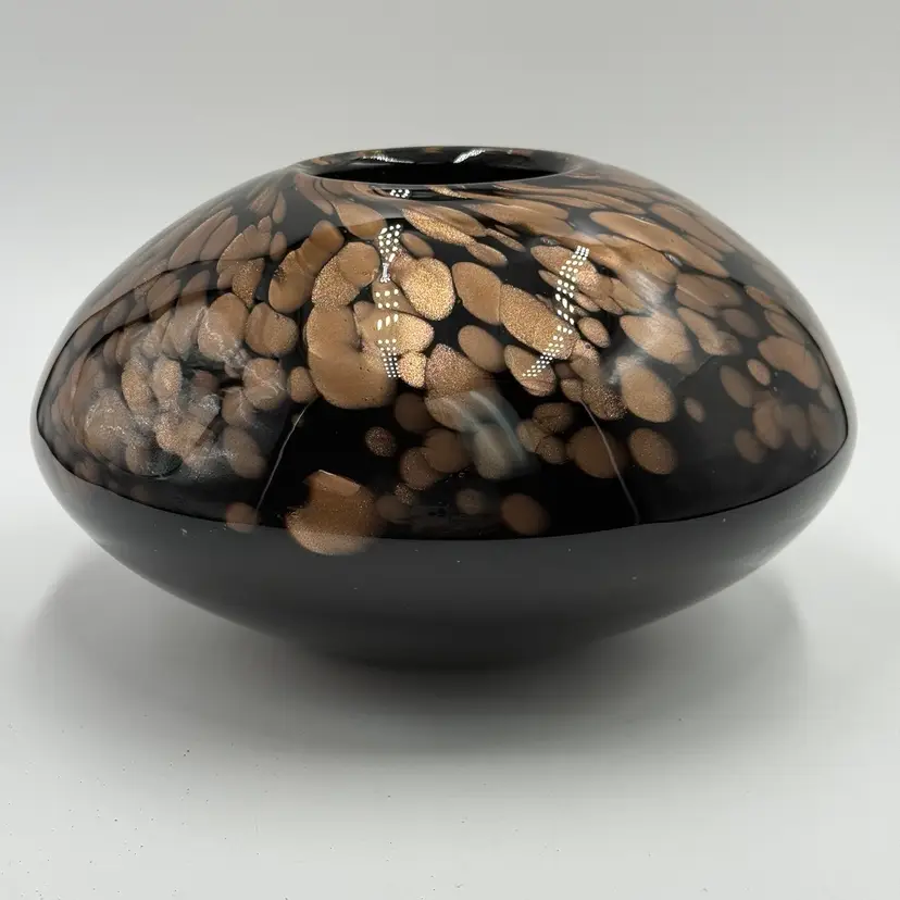 Hand Blown Black Glass Copper Aventurine  Round Short Spherical Art Glass Vase