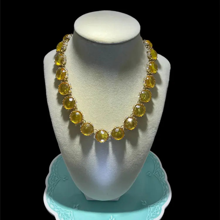 Vintage Yellow Glass Statement Necklace Open Back Faceted Crystal Gold Tone 18"