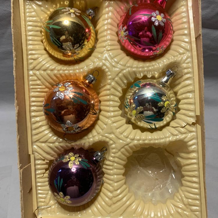 5 Vintage Xmas Tree Hand Decorated Glass Ornaments