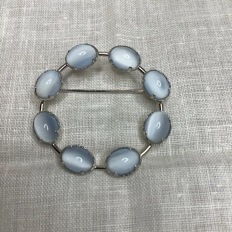 Vintage Sterling Silver Blue Moonstone Cabochon Round Circle Pin Brooch