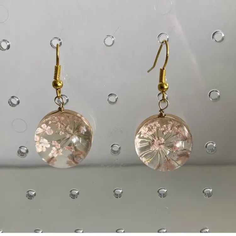 Wire Wrapped Real Flowers In Resin Drop Earrings 1970’s