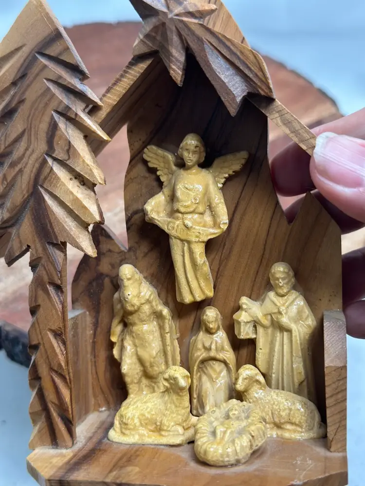 Vintage Olive Wood Nativity Mini Holiday Christmas Shelf Sitter Religious