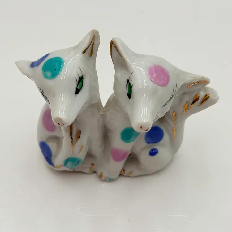 Polka Dotted Vintage Japan Ceramic White Foxes? Figurine
