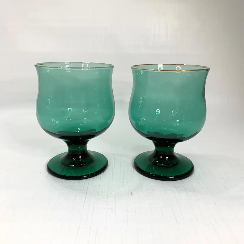 Libbey Juniper Green Tulip Glasses Water Wine Rocks Goblets Gold Trim Vintage