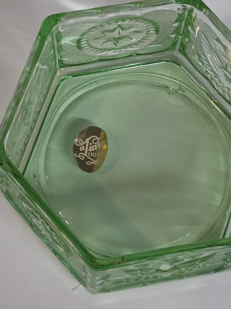Vintage Green Glass Hexagonal Trinket Box