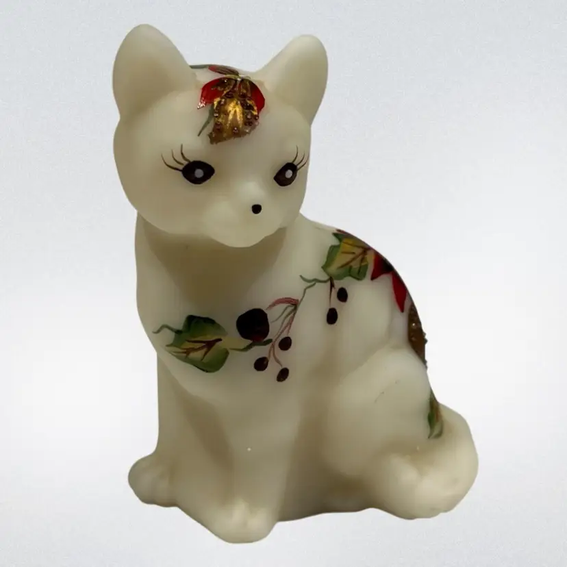 Fenton Satin Glass- Hand Painted Poinsettia Kitty Cat-  Signed T. Kelley- 3.5” Tall