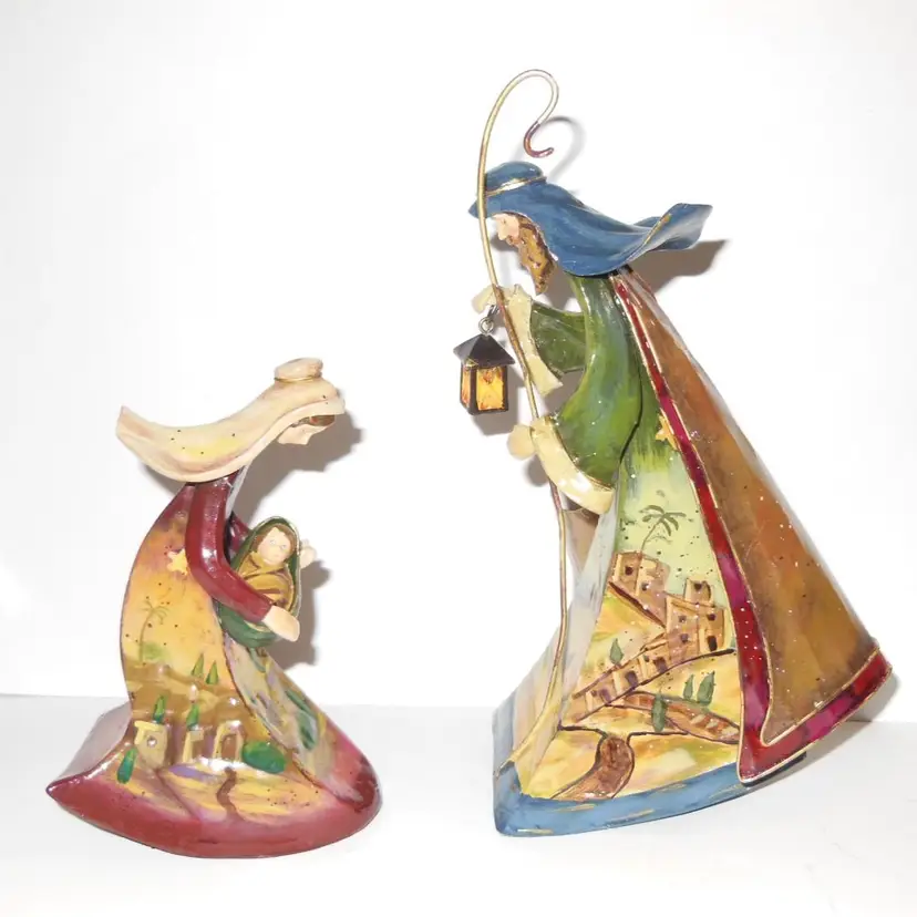 Vintage Christmas Holy Family Hand-Painted Tin Figurines, By Roman (same company that makes Fontanini Nativity Pieces)