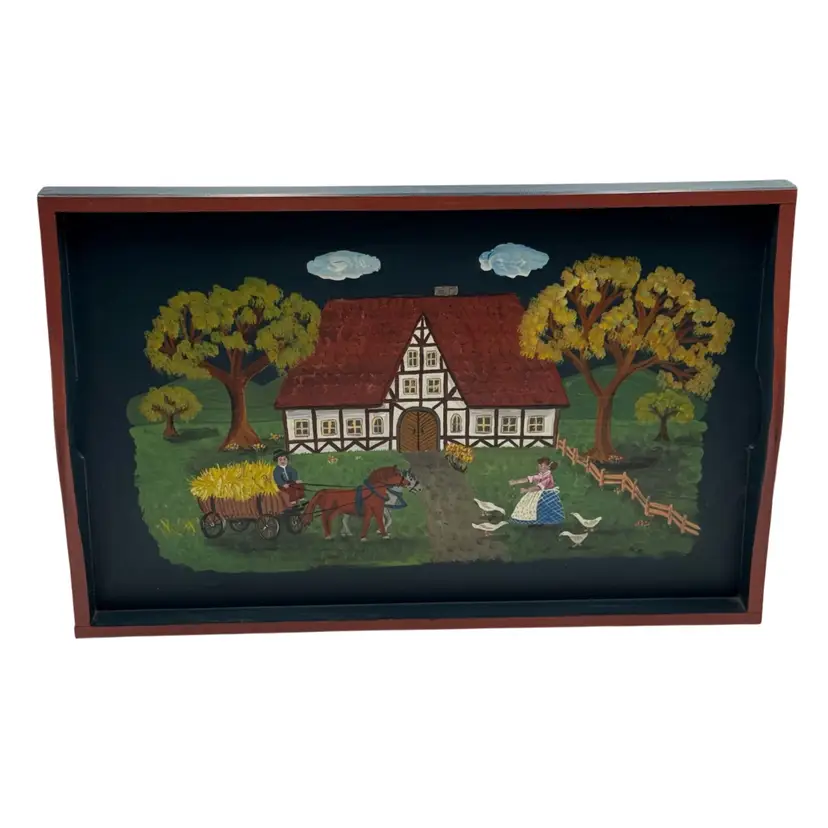 Hand Painted Wooden Serving Tray Folk Art European Farm Scene Farmhouse Decor