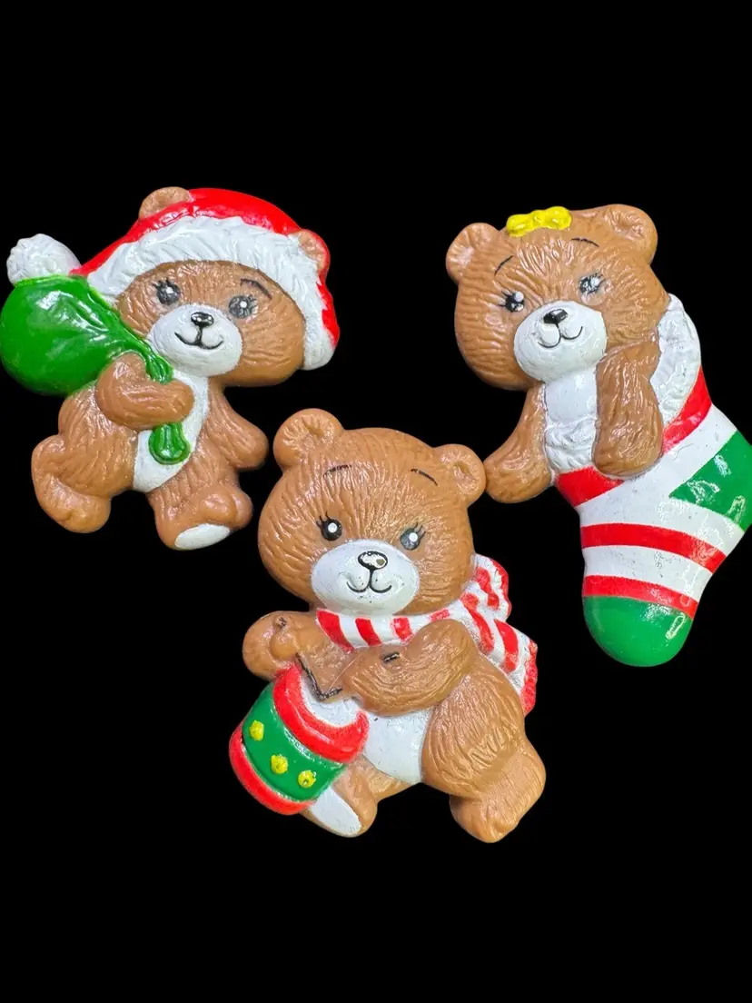 3 Adorable 90s Vintage Christmas Russ Bear Plastic Brooches
