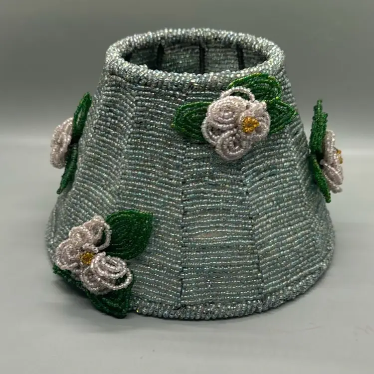 Vintage Glass Bead Lampshade Candle Topper / Floral Beaded Candle Top