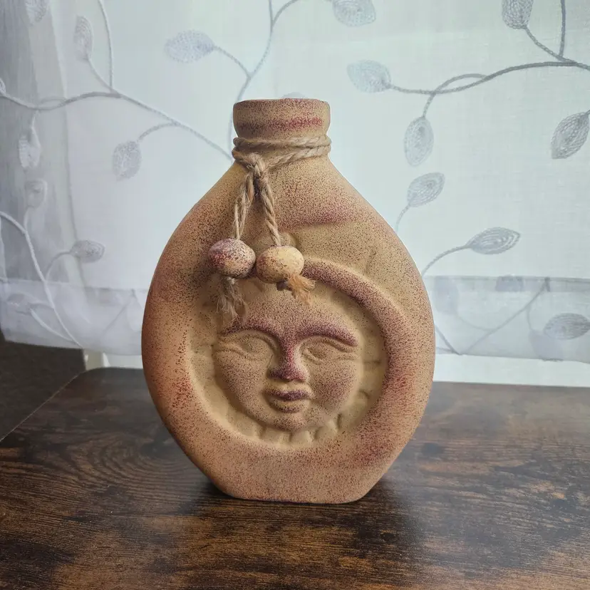Mexican Pottery Sun Face Vase Jug Terra Cotta Folk Art 8"