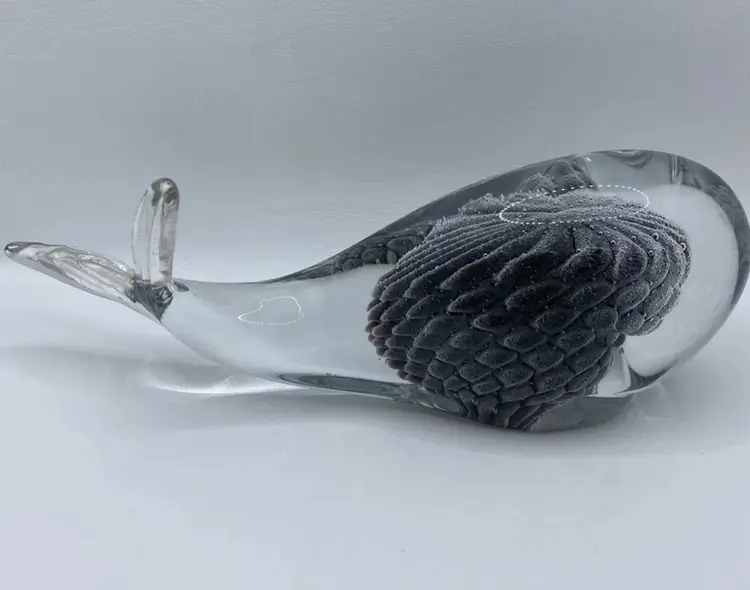 Marcolin Sweden Solid Glass Whale Paperweight Figure with Gray Matter Injection