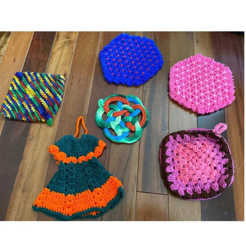 Vintage Crochet Potholders/ Hot Pads + crochet bottle dress (?).
