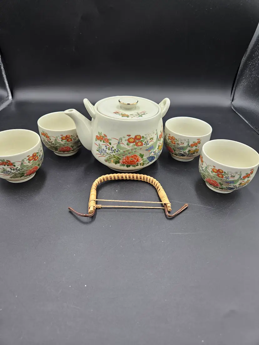 #A39 Sato Gordon Asahi 5 piece Tea Set Peacock and Orange Floral