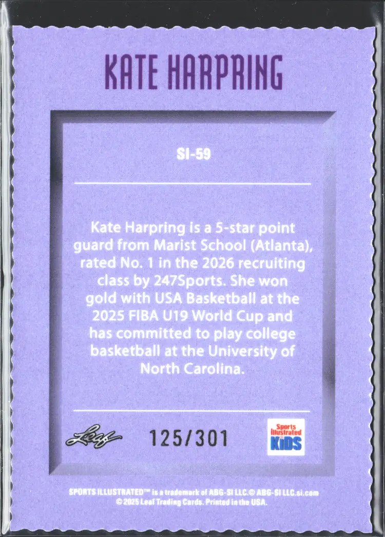 Kate Harpring Leaf Sports Illustrated Kids METAL Short Print Basketball Card Only 301 Made!