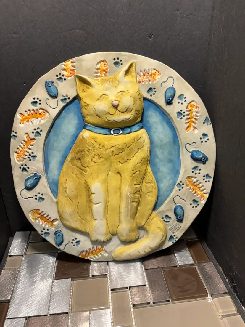 Vintage Evergreen Tabby Cat Concrete Garden Tile Or Just A Wall Decor