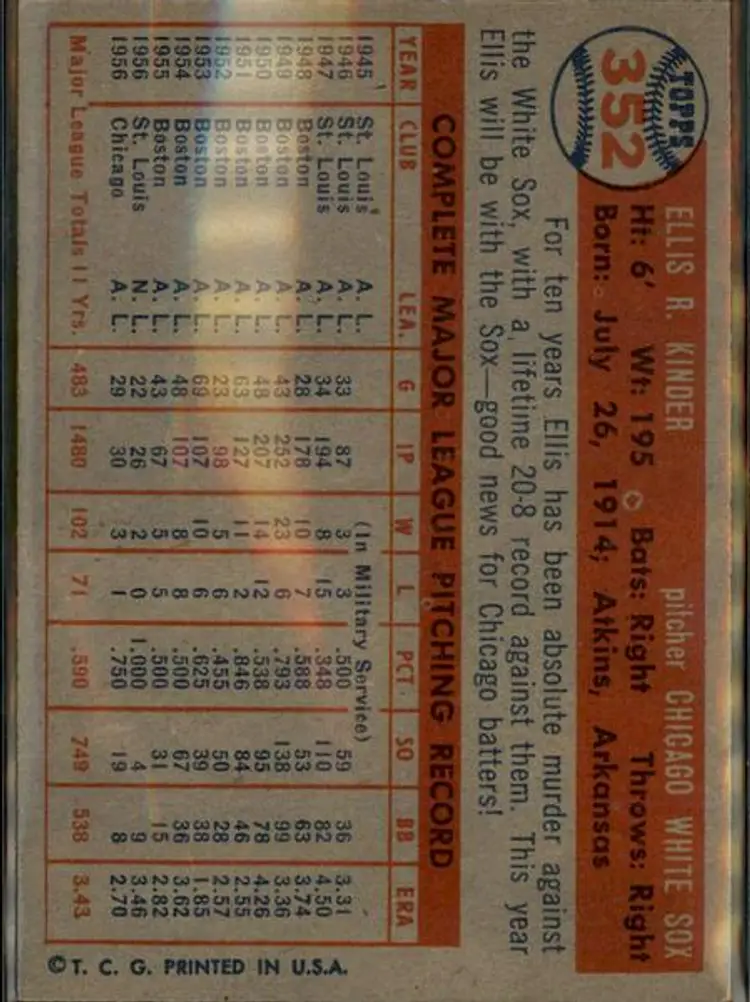 1957 Topps #352 Ellis Kinder - ( pk1 ) - Chicago White Sox