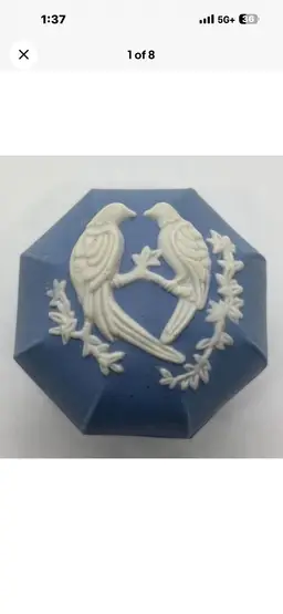 JCM Blue/White Love Birds Geometric Trinket Box