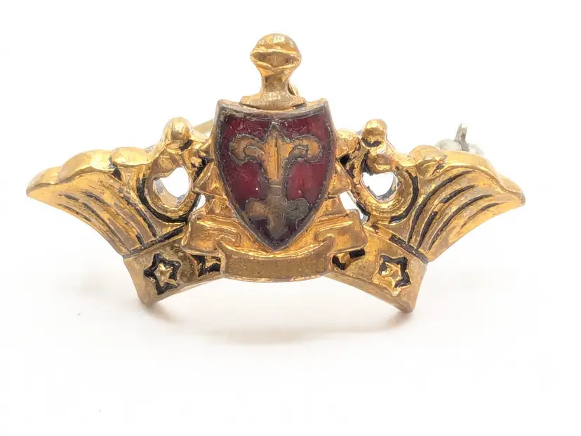 Vintage Gold Tone Fleur de Lis Crest Crown Pin Red Enamel