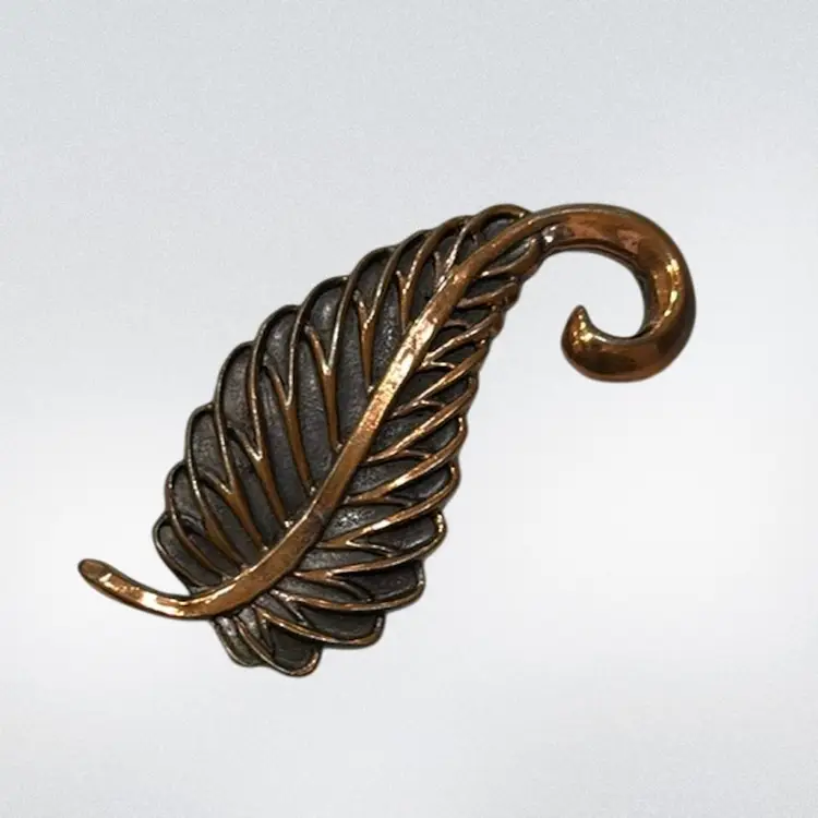Vintage MCM Francis Rebajes Signed Copper Modernist Scroll Leaf Brooch, 2.75”