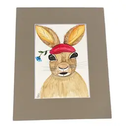 Watercolor Original 5x7” Country Bunny In 8x10” Matte