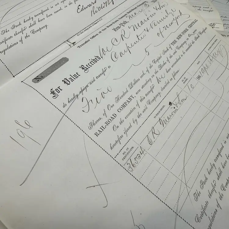 Antique 1861 New York Central Railroad Stock Certificates, 6 Pieces