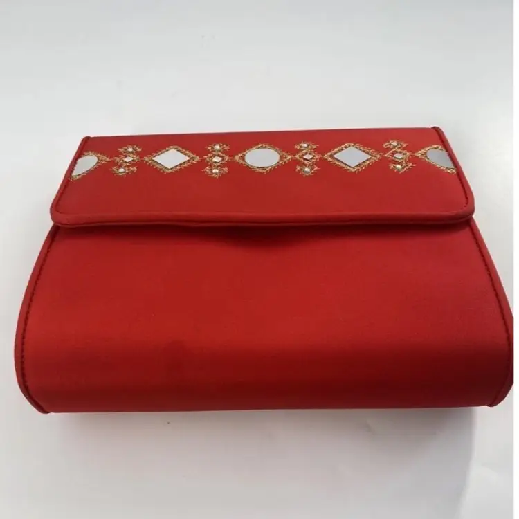 vintage st john made in italy Holiday red matte satin clutch W/ Mirror Appliqué
